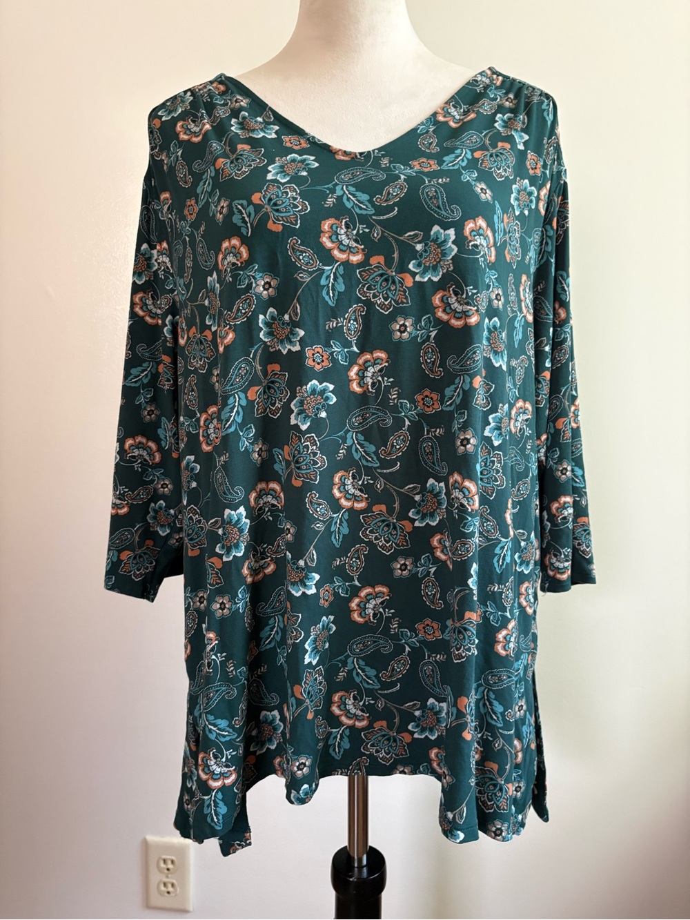 J. Jill Wearever Collection Teal Paisley Floral 3/4 Sleeve Tunic Top Size XL